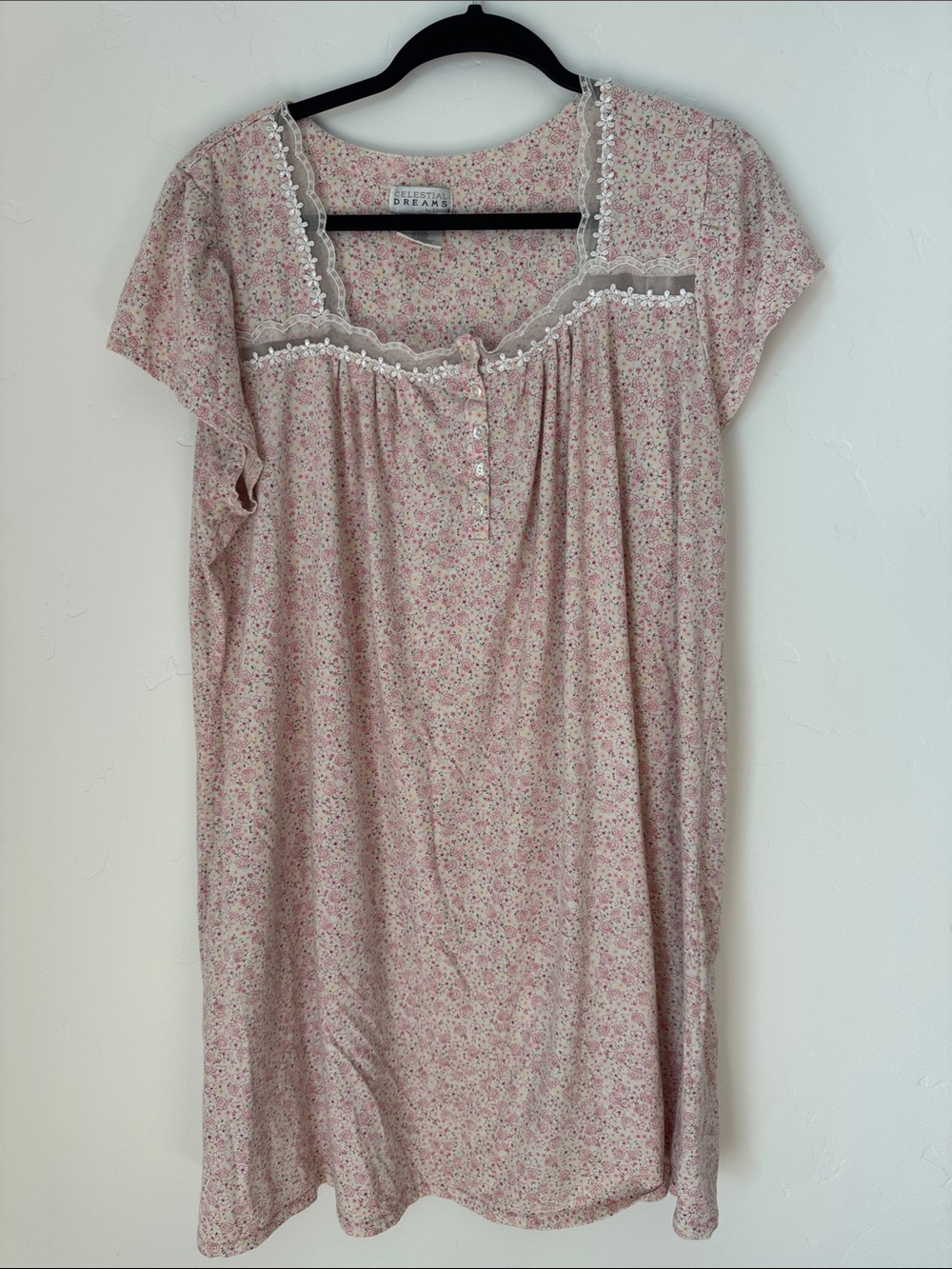 Celestial Dreams Pink Floral Lace Trim Nightgown Cottagecore Sleep Shirt XL